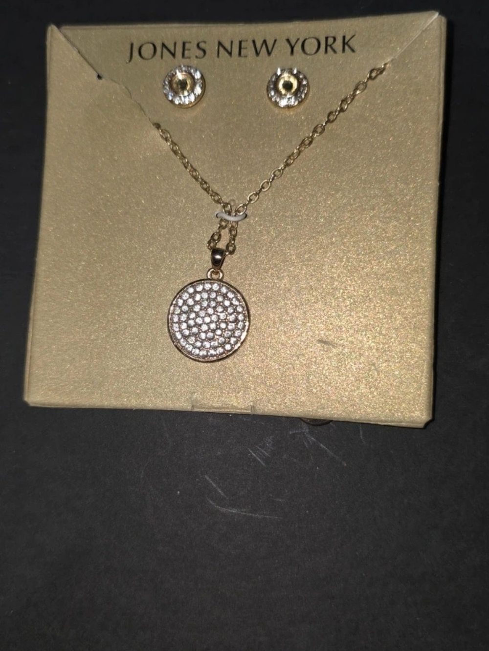 Jones New York Gold-Tone Pave Circle Pendant Necklace with Matching Studs